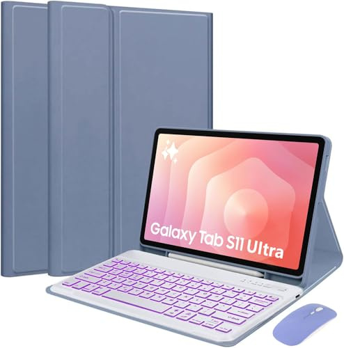 EHLCYS Keyboard Case for Samsung Galaxy Tab S11 Ultra 5G 14.6-inch Model 2025 (SM-X930/X936B), 7-Color Backlit Detachable Bluetooth German QWERTZ Keyboard, Ultra-Thin Cover with Mouse,Lila