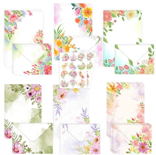 72 Stück Briefpapier mit Umschlag Set, 24 Schönes Leeres Briefpapier mit 24 Passenden Umschlägen und 24 Verschlussaufklebern, Schönes Papier für Mädchen Erwachsene, Aquarell-Design, 6 Blumenmotiven
