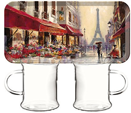 Creative Tops Three Piece Paris Glass Tankard And Tray ‘Tea For Two’ Set, Red & Neutral, Set of 3