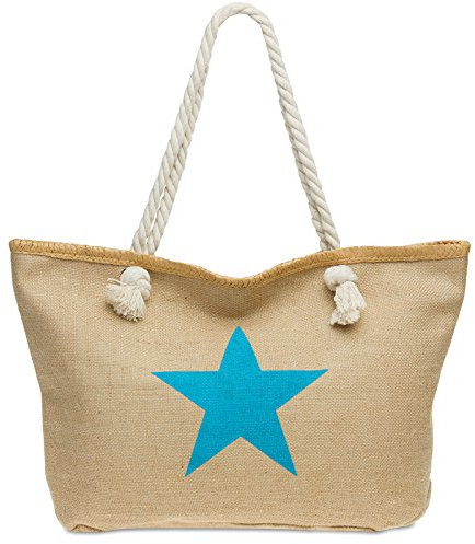 Caspar TS1026 XL Damen Jute Naturfaser Strandtasche/Shopper mit stylischem Stern Print, Farbe:türkis, Größe:One Size