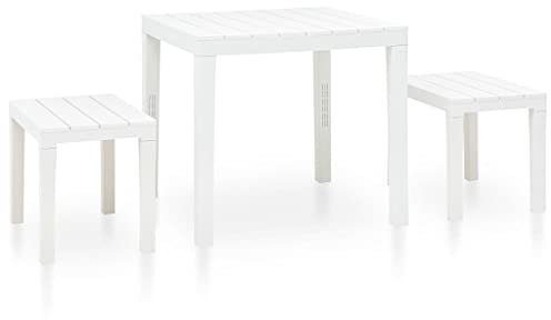 vidaXL Gartentisch mit 2 Bänken Gartenbank Gartenmöbel Balkonset Sitzgruppe Balkonmöbel Sitzgarnitur Gartenset Lounge Balkon Kunststoff Weiß