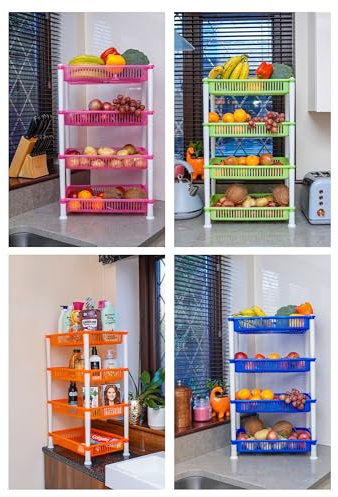 4 Tier Rectangle Plastic Kitchen Bathroom Food Fruit Vegetable Stand Rack Storage Assorted Colurs