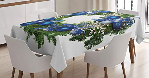 ABAKUHAUS Weihnachten Tischdecke, Schneeflocken Kranz Verziert, Druck mit Klaren Farben ohne Verblassen Waschbar für innen oder Außen Bereich, 140 x 200 cm, Weiß Grün Blau