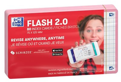 Oxford Flash 2.0 - 80 Fiches Bristol Flash Cards 7,5 x 12,5cm Petits Carreaux Cadre Rose
