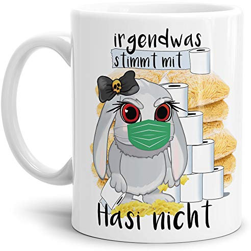 Tassendruck Anti-Hamster-Tasse mit Spruch Böses Hasi - Hamsterkäufe - Klopapier/Nudeln/Kaffee-Tasse/Corona-Virus 2020 / Geschenk Ostern - Weiß
