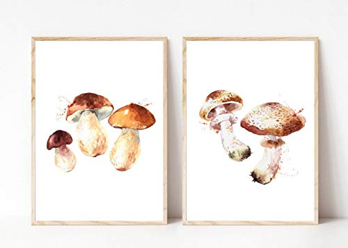 Din A4 Kunstdruck ungerahmt 2er Set - Pilz Steinpilz Champignon Küche Esszimmer Aquarell Druck Poster Bild