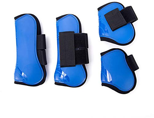Merauno® Gamaschen Pferde 4er Set Gamaschen Paar für vorne hinter Hartschale und Klettverschluss für Damen& Herren PU Robust Elastisch Tendon Boots Classic (M(VB), Blau)