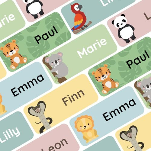 Klebekerlchen® Namensaufkleber für Kinder (120 Stück), Kleidung & Gegenstände Namensschilder personalisiert und waschmaschinenfest, Schule und Kindergarten - Dschungel-Tiere