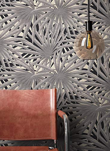 NEWROOM Tapete Grau Vliestapete Leicht Glänzend - Dschungeltapete Floral Schwarz Dschungel Blumen Blumentapete Tropisch Blätter Metallic inkl. Tapezier-Ratgeber