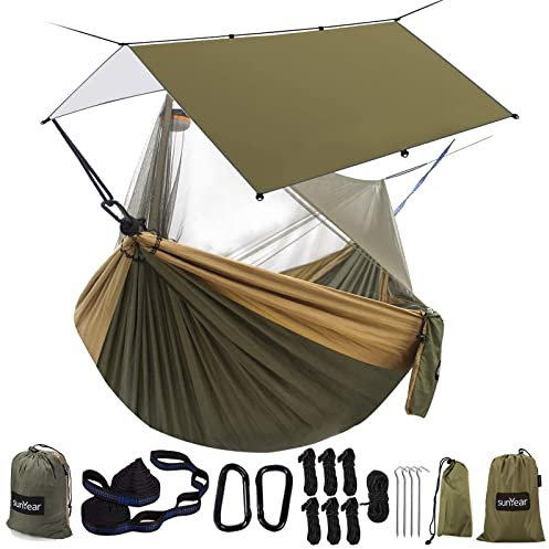 Sunyear Hängematte Camping mit Regenplane und Netz, tragbare Camping-Hängematte, Doppelbaum-Hängematte, Outdoor, Indoor, Rucksackreisen, Reisen und Überleben, 2 Baumgurte, 100 % wasserdicht, grünes