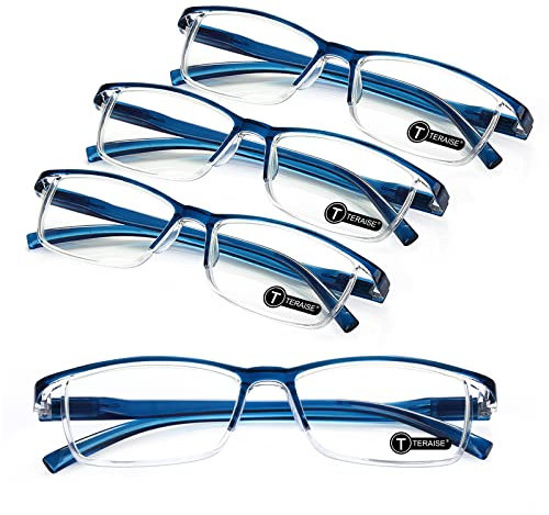 TERAISE 4er-Pack Lesebrille Herren & Damen - Anti-Blaues Licht, Leichte & Komfortable Mode-Lesebrillen mit Blaulichtfilter & Robustem Federscharnier (2.0X)