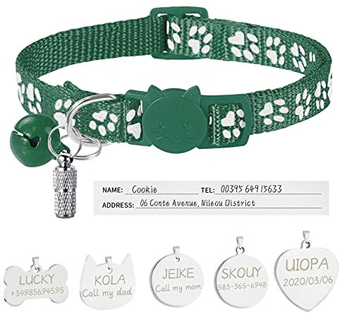 Uiopa Katzenhalsband mit Sicherheitsverschluss + Hundemarke mit Gravur + Adressanhänger, Hundehalsband mit Name & Glöckchen, Verstellbar Halsband für Katze und Hund (Dunkelgrün)