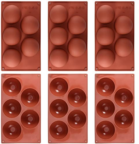 JAPCHET Lot de 6 moules en silicone extra larges à 5 cavités demi-sphères de 8 cm en forme de dôme pour faire du chocolat, de la gelée, de la mousse, du pudding, marron