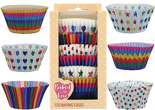 Baked With Love Rainbow Brights Cupcake Cases, 50mm Baking Cups, Mulitcoloured Stars, Stripes, Spot, Hearts, Greaseproof Paper Cases for Muffins and Cupcakes, Pack of 150, 0686970