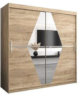 E- MEUBLES Armoire de Chambre avec 2 Portes coulissantes et Miroir Style Contemporain Penderie (Tringle) avec étagères (LxHxP): 200cmx200cmx62cm BOLA (Chêne Sonoma)