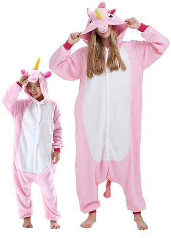 DarkCom Unicorno Rosa Onesie per Bambini e Adulti,Pigiama Genitore-Bambino Carnevale Cosplay Halloween Costume Animale Pigiama di Natale 10-11 Anni