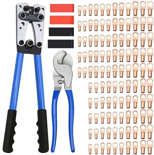 Battery Cable Wire Lug Crimping Tool Kit with 170pcs Copper Wire Lugs, Wire Crimping Tool for AWG 10-1/0 Electrical Lug Crimper, with Cable Cutter, 210pcs Dual Wall Adhesive Heat Shrink Tubing