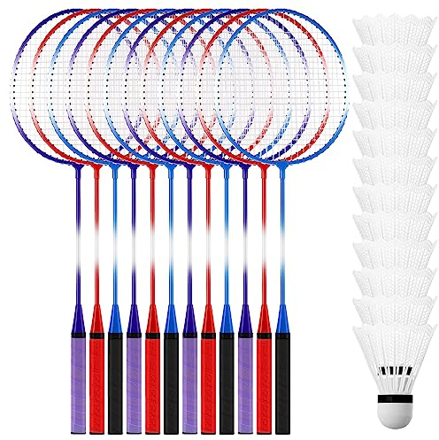 Meooeck 12 Pcs Badminton Rackets Set for Adults and Teenagers Badminton Set with 12 Pcs Nylon Shuttlecocks for Backyard Gym Beach Outdoor Games, Red, Purple and Blue
