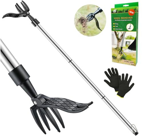 71Nmly Weed Puller Standing,Stainless Steel Stand Up Weeder Hand Tool,3-part Detachable Handle Weed Remover Tool with Metal Weeding 4 Claws Head for Garden Lawn(With a pair gloves) Little Pocket