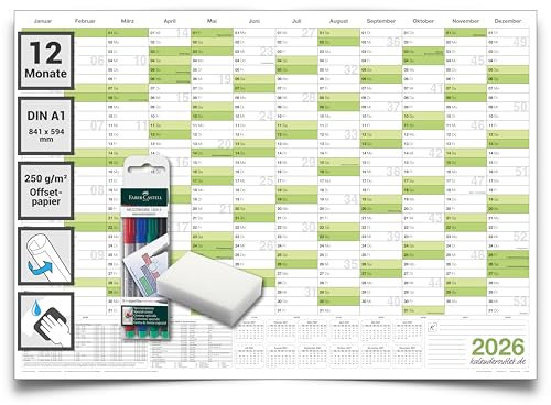 Kalenderoutlet DIN A1 abwischbarer Wandkalender 2026 gerollt 84,0x59,0 cm groß inklusive 4 Marker und Schwamm. Wandplaner ist feucht korrigierbar, Jahresplaner in deutscher Sprache