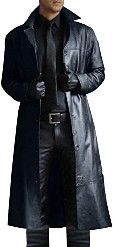 HAOLEI Mens Leather Trench Coat, Leather Full Length Windbreaker Gothic Faux Leather Steampunk Overcoat Clearance Winter Casual Outwear Lapel Motorcycle Long Trench Coat
