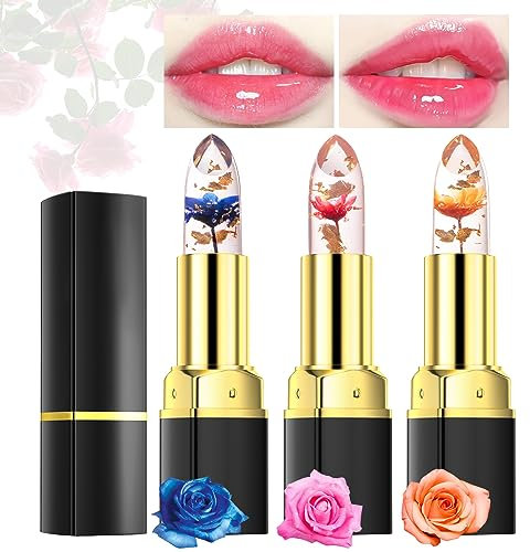 Desing Wish 3 Stück Lippenstift Set Blumen Temperaturempfindlicher Faebverändernder Pink Magic Lip Farbwechselnder Lippenstift Crystal Jelly Flower Color Changing Lipstick Lip Balm Mädchen Geschenk