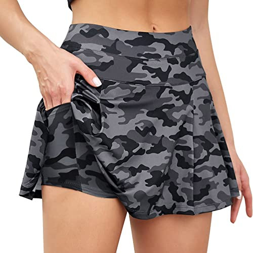 Damen-Tennisrock, Sport, Shorts, Rock, hohe Taille, plissiert, sportlicher Mini-Laufrock mit Tasche, Kurze Hose Nachtwäsche Damen Satin (Camouflage, M)