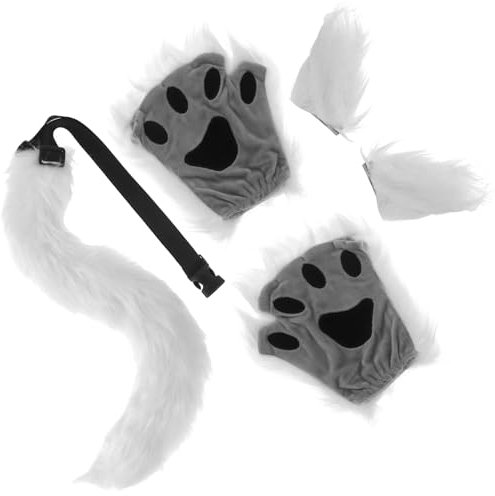 Kinsinder 5pcs Fuchsohren und Chwanz Set, Cosplay Kostüm Set Fox Wolf Cosplay Fuchs Kostüm Schwanz Clip Ohren und Plüsch Klaue Handschuhe Cosplay Fancy Dress Zubehör für Kinder Erwachsene (Weiß)