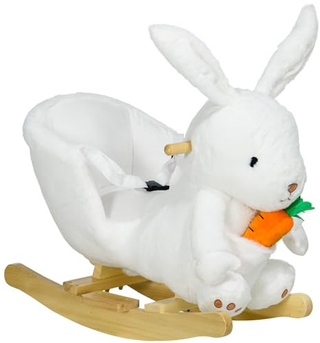 HOMCOM Kids Rocking Horse, Plush Rabbit-Shaped Baby Rocking Animal w/Carrot Toy, Safety Harness, Realistic Sounds, Foot Pedals, for Toddlers Aged 18-36 Months - White