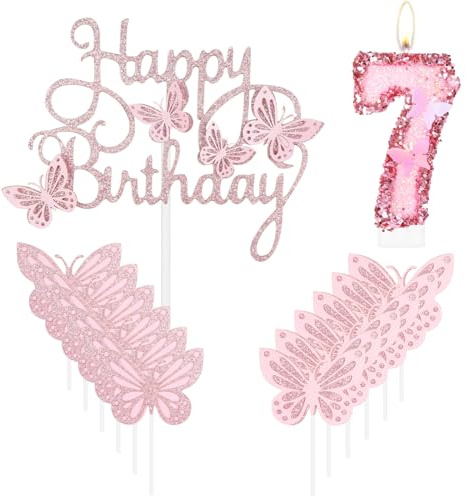 mciskin Happy 7th Birthday Candles,Butterfly Cake Decorations,Pink Number 7 Candle for Cake,Pink Cupcake Toppers Girls,Glitter Butterfly Topper for Girls' 7th Birthday Decorations