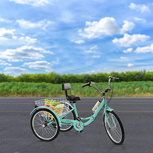 24 7-Gang 3-RäDer Dreirad Erwachsene Fahrrad City Bike Tricycle Klappfahrrad FahrräDer Einkaufen Korb Klappbar Adult äLtere Faltrad Faltbares Mit Led Lampe Klingel GemüSekorb Becherhalter TüRkis