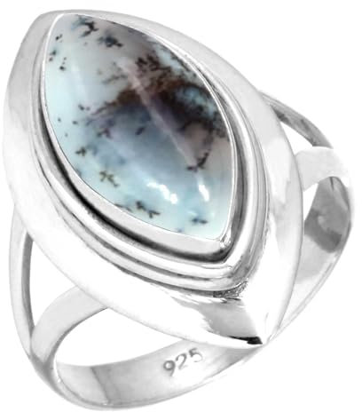 Jeweloporium Grauer Dendrit Opal Silberring Größe 62 (19,7), 925 Sterling Silber Ring für Damen, Echter Marquise Stein Boho Schmuck