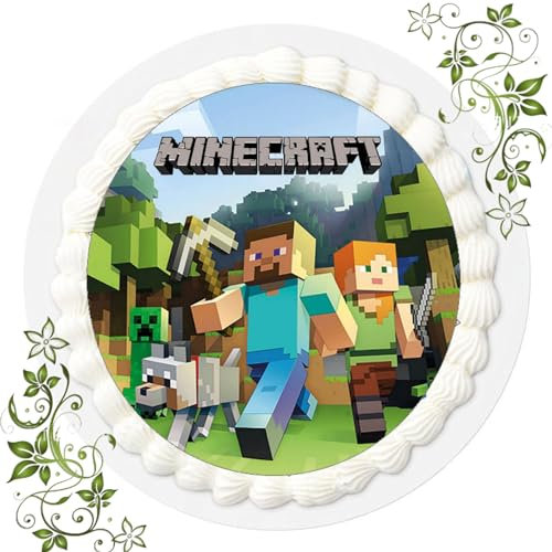 ich FONDANT MINECRÄFT Tortenbild, Essbares Foto für Torten, Tortenaufleger Ø 20cm, Grün, 1 stück, Feier, 1 Stück, Kuchenaufleger, Tortenaufleger