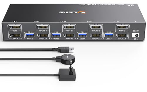 ESKEVE 8K@30Hz KVM Switch 4 PC 2 Monitore, 4K@144Hz Dual Monitore KVM Switch DisplayPort mit 4 USB Kabeln, kabelgebundener Kabelsteuerung und Netzteil
