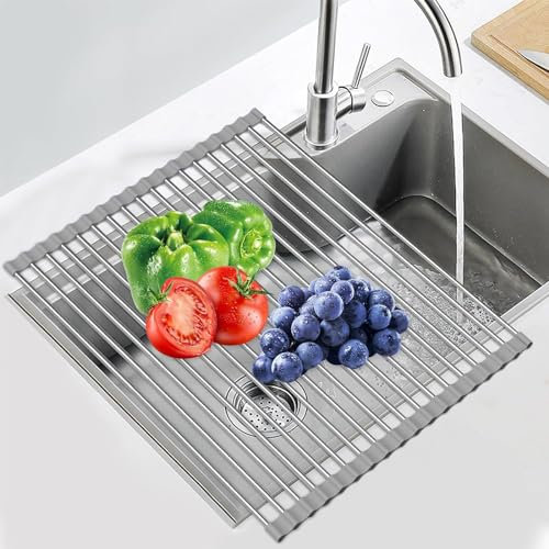 Yidaxing Escurridor Fregadero, Escurridor de Platos Plegable sobre el Fregadero Escurreplatos Enrollable y Extraíble para Tazas, Frutas, Verduras, Platos, 43 X 35 cm, Gris