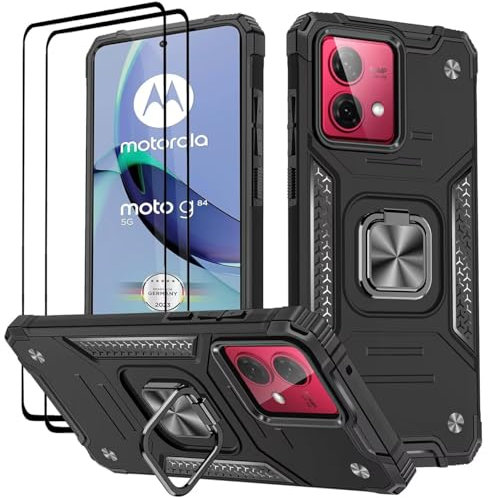 KANSi Case for Motorola Moto G84 / G84 5G, Tempered Glass [2 Pack] Protective Silicone TPU Shockproof Tough Armor Hard Cover - Black