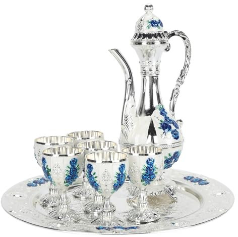 Alloy Wine Glass Pot Set Turkish Tea Set Vintage Coffee Pot with 6 Coffee Cup Decorative Metal Jug Kit European Wine Glass Jug for Home Party Wedding (Sliver White Blue)