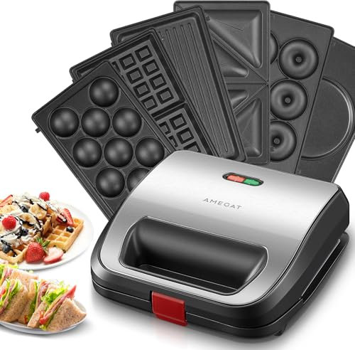 6 in 1 Multifunktional Sandwichmaker, Waffeleisen, Kontaktgrill, Panini, süße Küchlein, Antihaftbeschichtete Platten, Doppelseitiges Backen, Automatische Temperaturregelung, 750W