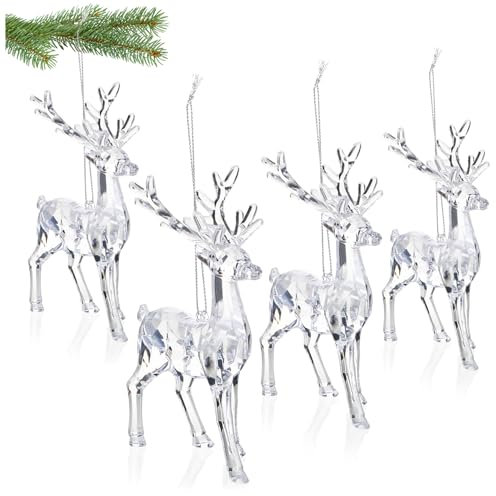 COM-FOUR® 4x ganci per albero di Natale in acrilico - ganci natalizi a forma di renna per l'albero di Natale, finestre e porte - decorazioni per l'albero di Natale (trasparente - renna)