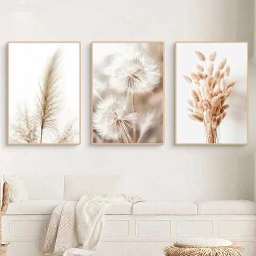 Uixxducc 3er Set Poster Wandbilder Set Boho, Beige Pampasgras Bilder Getrocknetes Graspflanzen Botanical Leinwandbilder Wohnzimmer Schlafzimmer Deko - ohne Rahmen (13x18cm)