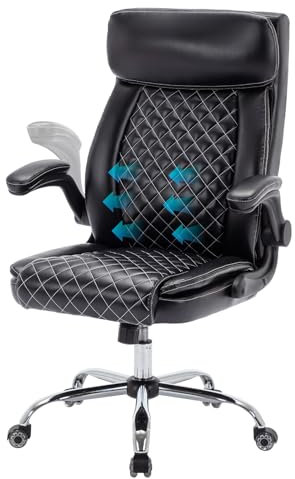 WOTSTA Ergonomischer Bürostuhl, PU Leder Chefsessel Stuhl, bürostuhl mit Aufklappbaren Armlehnen, Schreibtischstuhl Höhenverstellbarer Drehstuhl mit Doppelt verstellbare Lendenwirbelstütze, Schwarz