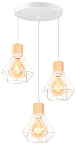 iDEGU 3-flammig Pendelleuchte Weiß 16cm Industrial Hängelampe aus Metall und Holz Käfig Lampenschirm Kronleuchter E27 Fassung Vintage Hängeleuchte für Esszimmer Küche Wohnzimmer Café (Rondell)