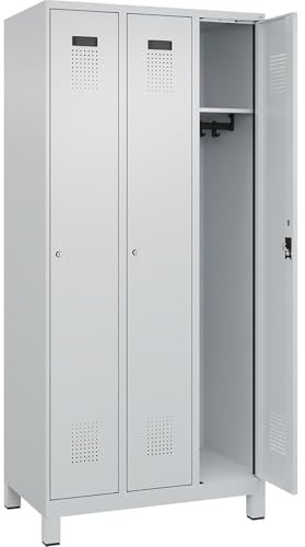 C + P Möbelsysteme C+P | Spind Evolo Plus | 3 Abteile | lichtgrau | B 900 mm | mit Breiten Füßen | Zylinderschloss