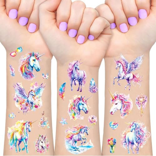 Licorne Tatouage Paillette Enfant, 12 Feuilles Tatouage Ephemere Licorne Fille, Cadeaux Licorne pour Filles, Tatouages Licorne Anniversaire Enfant, Kit Tatouage Licorne Paillette Enfant