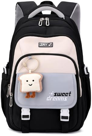 Amythe Schulrucksack Teenager - 36L Schulranzen für Mädchen ab 5. Klasse, Großer Rucksack für Mittel- und Oberstufe, Lässiger Kinderrucksack mit Süßem Anhänger und Trolleyband, Schwarz