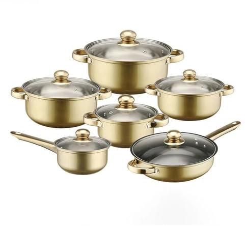 HJZSZX Kitchware Set di pentole da 12 pezzi, set di pentole antiaderenti colorate con manico placcato in oro, pentole in acciaio inossidabile, pentola per zuppa, dorata, 12 pezzi