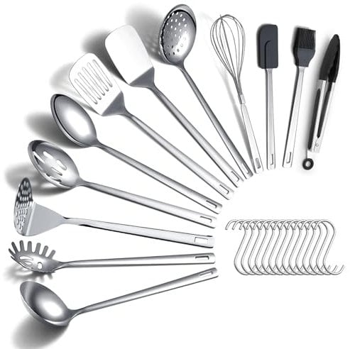ReaNea Stainless Steel Cooking Utensils Set 26 Pieces, Heavy Duty Sturdy Kitchen Tool Set with Hooks, Metal Spatula Set, Durable Mirror Polished Kitchen Utensils for All Cooking Tasks