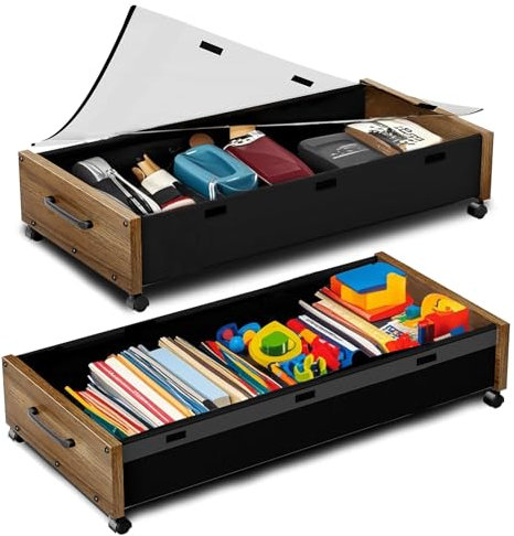 KITHELP Wooden Under Bed Storage with Wheels, 80L Extra-large Rolling Under the Bed Storage Bins 2 Pack with Removable Lid, Upgrade Metal Under Bed Drawers for Clothes Shoes Blankets in Bedroom