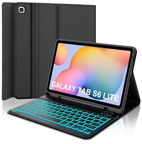 WAVATA Funda con Teclado para Samsung Galaxy Tab S6 Lite 10.4, Tecla España Ñ para Galaxy Tab S6 Lite 10.4'',Retroiluminado Bluetooth Desmontable Teclado para Samsung Tablet S6 Lite- Negro