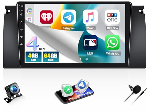 4G+64G CAMECHO Android 13 autoradio con navi para BMW 5 E39 E53 M5 X5 (1996-2007), 2 DIN Wireless Carplay Radio con Pantalla de 9‘’ RDS/FM MirrorLink Bluetooth5.0 32EQ+Cámara Trasera